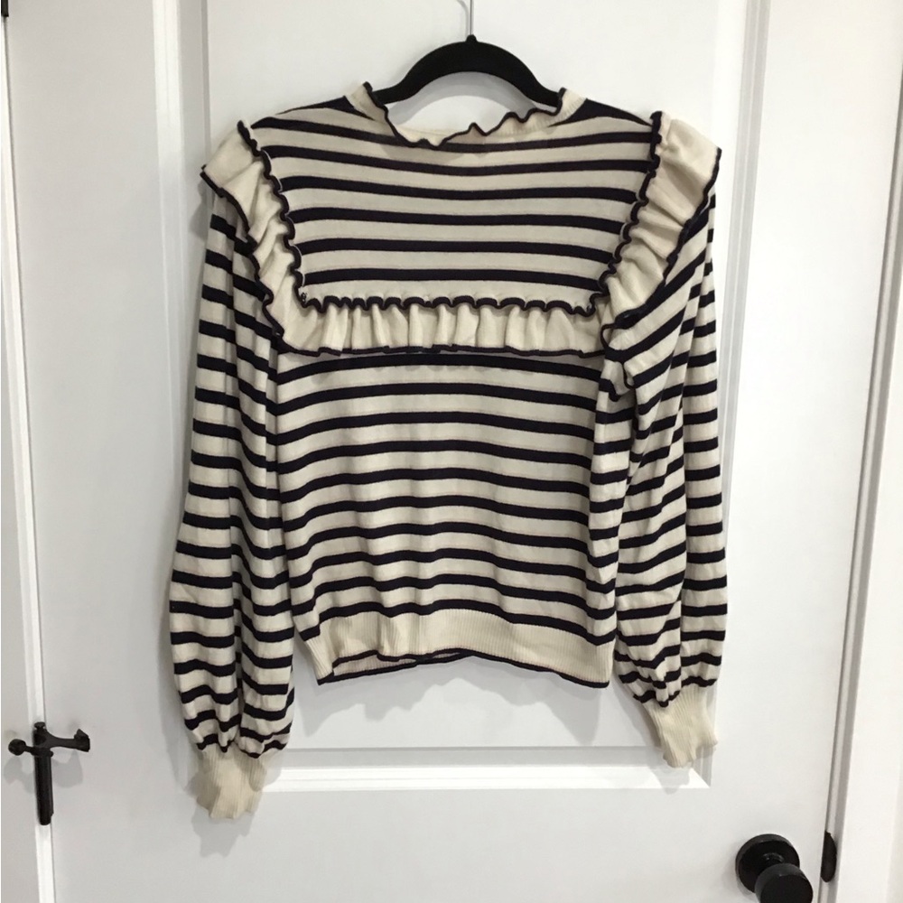 Ulla Johnson Navy Pink Cream Striped Cotton Cashmere Ruffle Trim Sweater M